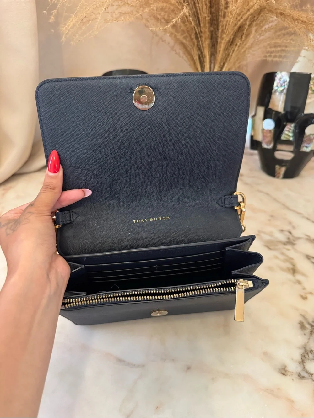Tory Burch Navy Saffiano Leather Chain Wallet Crossbody Bag Gold Hardware